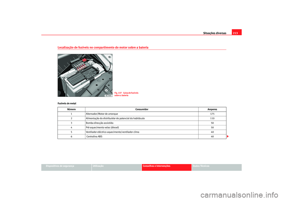 Seat Cordoba 2006  Manual do proprietário (in Portuguese)  Situações diversas213
Dispositivos de segurança
Utilização
Conselhos e Intervenções
Dados Técnicos
Localização de fusíveis no compartimento do motor sobre a bateriaFusíveis de metal
Fig. 1