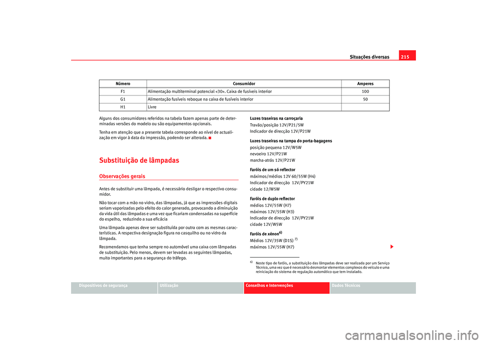 Seat Cordoba 2006  Manual do proprietário (in Portuguese)  Situações diversas215
Dispositivos de segurança
Utilização
Conselhos e Intervenções
Dados Técnicos
Alguns dos consumidores referidos na tabela fazem apenas parte de deter-
minadas versões do 