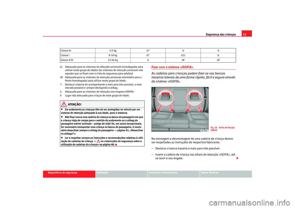 Seat Cordoba 2006 Manual do proprietário (in Portuguese) Segurança das crianças53
Dispositivos de segurança
Utilização
Conselhos e Intervenções
Dados Técnicos
U: Adequado para os sistemas de retenção universais homologados para
utilizar neste gru Seat Cordoba 2006 Manual do proprietário (in Portuguese) Segurança das crianças53
Dispositivos de segurança
Utilização
Conselhos e Intervenções
Dados Técnicos
U: Adequado para os sistemas de retenção universais homologados para
utilizar neste gru