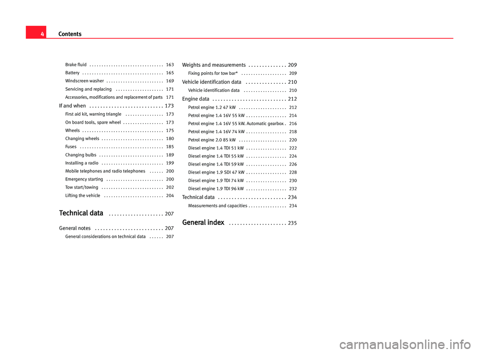 Seat Cordoba 2005  Owners Manual 4Contents
Brake fluid   . . . . . . . . . . . . . . . . . . . . . . . . . . . . . . . 163
Battery  . . . . . . . . . . . . . . . . . . . . . . . . . . . . . . . . . . 165
Windscreen washer   . . . . .