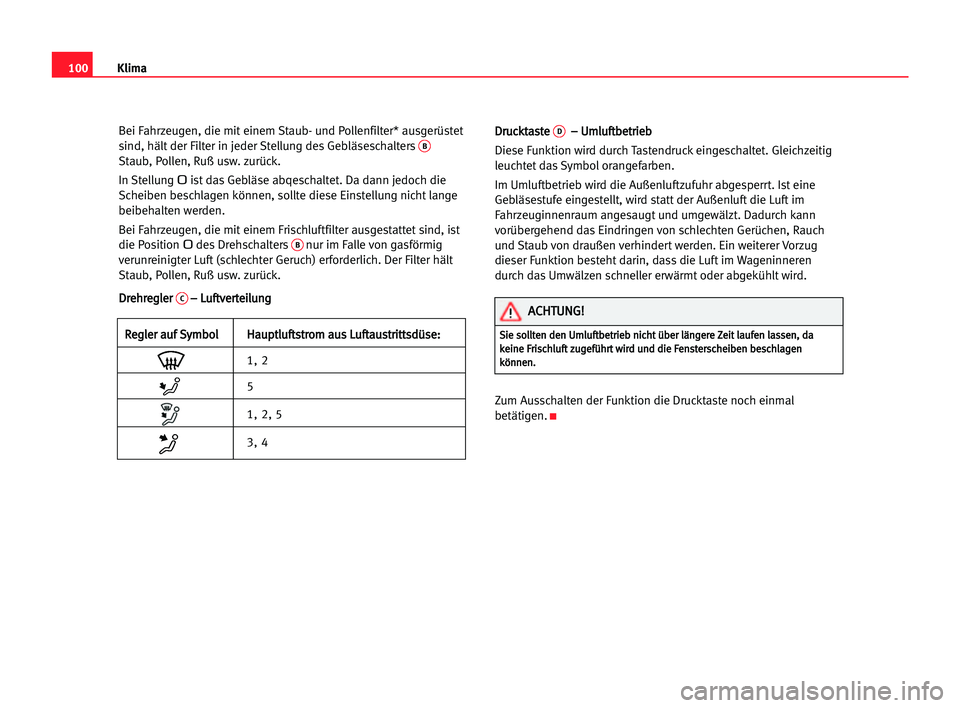 Seat Cordoba 2005 Betriebsanleitung (in German) 100Klima
Bei Fahrzeugen, die mit einem Staub- und Pollenfilter* ausgerüstet
sind, hält der Filter in jeder Stellung des GebläseschaltersB
Staub, Pollen, Ruß usw. zurück.
In Stellung 0ist das Gebl Seat Cordoba 2005 Betriebsanleitung (in German) 100Klima
Bei Fahrzeugen, die mit einem Staub- und Pollenfilter* ausgerüstet
sind, hält der Filter in jeder Stellung des GebläseschaltersB
Staub, Pollen, Ruß usw. zurück.
In Stellung 0ist das Gebl