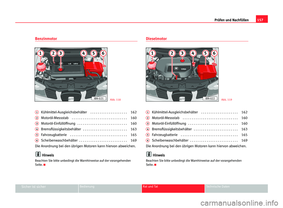 Seat Cordoba 2005 Betriebsanleitung (in German) 157 Prüfen und Nachfüllen
Sicher ist sicherBedienung Rat und Tat Technische Daten
Benzinmotor
1Kühlmittel-Ausgleichsbehälter . . . . . . . . . . . . . . . . . . . . 162
2Motoröl-Messstab . . Seat Cordoba 2005 Betriebsanleitung (in German) 157 Prüfen und Nachfüllen
Sicher ist sicherBedienung Rat und Tat Technische Daten
Benzinmotor
1Kühlmittel-Ausgleichsbehälter . . . . . . . . . . . . . . . . . . . . 162
2Motoröl-Messstab . .