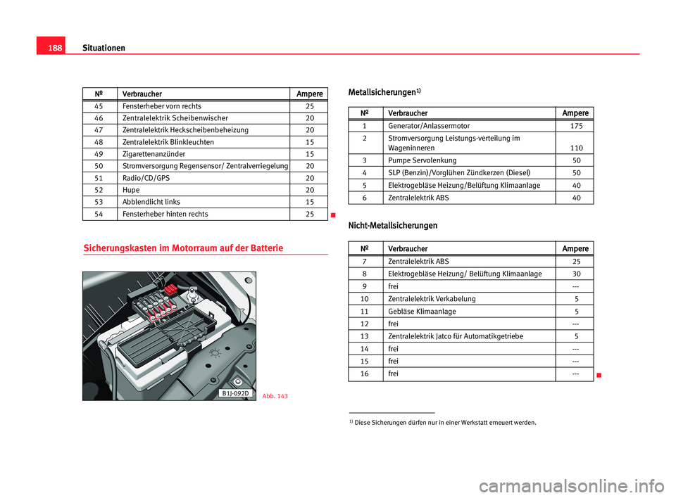 Seat Cordoba 2005  Betriebsanleitung (in German) 188Situationen
Sicherungskasten im Motorraum auf der Batterie
M
Me
et
ta
al
ll
ls
si
ic
ch
he
er
ru
un
ng
ge
en
n1
1)
)
N
Ni
ic
ch
ht
t-
-M
Me
et
ta
al
ll
ls
si
ic
ch
he
er
ru
un
ng
ge
en
n
B1J-092DAb