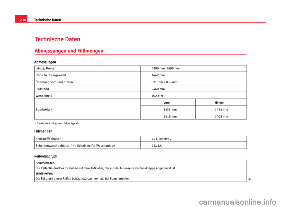 Seat Cordoba 2005  Betriebsanleitung (in German) 234Technische Daten
T
Te
ec
ch
hn
ni
is
sc
ch
he
e DDa
at
te
en
n
Abmessungen und Füllmengen
Länge, Breite 4280 mm, 1698 mm
Höhe bei Leergewicht1447 mm
Überhang vorn und hinten831 mm / 839 mm
Rads