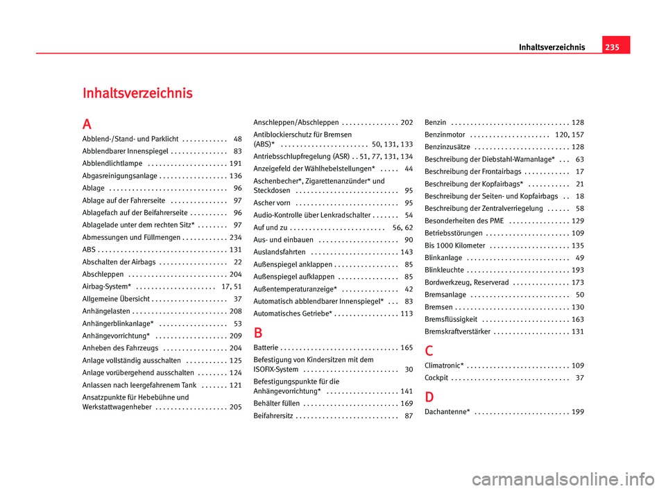 Seat Cordoba 2005  Betriebsanleitung (in German) 235 Inhaltsverzeichnis
I
In
nh
ha
al
lt
ts
sv
ve
er
rz
ze
ei
ic
ch
hn
ni
is
s
A A
Abblend-/Stand- und Parklicht  . . . . . . . . . . . . 48
Abblendbarer Innenspiegel  . . . . . . . . . . . . . . . 83
