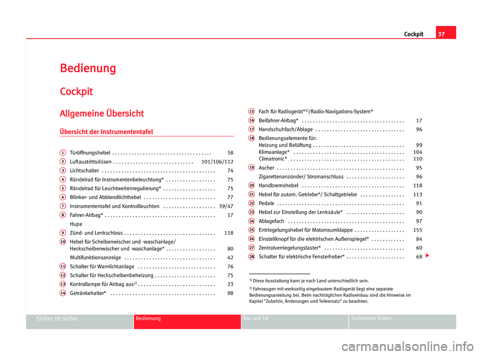 Seat Cordoba 2005  Betriebsanleitung (in German) 37 Cockpit
Sicher ist sicherBedienung Rat und Tat Technische Daten
B
Be
ed
di
ie
en
nu
un
ng
g
C
Co
oc
ck
kp
pi
it
t
A
Al
ll
lg
ge
em
me
ei
in
ne
e ÜÜb
be
er
rs
si
ic
ch
ht
t
Übersicht der Instrume