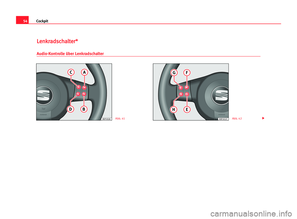 Seat Cordoba 2005  Betriebsanleitung (in German) 54Cockpit
L
Le
en
nk
kr
ra
ad
ds
sc
ch
ha
al
lt
te
er
r*
*
Audio-Kontrolle über Lenkradschalter
A
BD
C
B5P-0126
F
EH
G
B5P-0127Abb. 41Abb. 42 