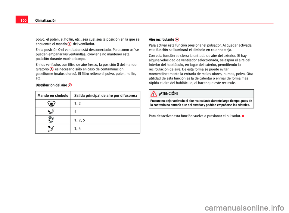 Seat Cordoba 2005 Manual del propietario (in Spanish) Climatización100
polvo, el polen, el hollÃn, etc., sea cual sea la posición en la que se
encuentre el mando Bdel ventilador.
En la posición 0el ventilador está desconectado. Pero como asà se
pue Seat Cordoba 2005 Manual del propietario (in Spanish) Climatización100
polvo, el polen, el hollÃn, etc., sea cual sea la posición en la que se
encuentre el mando Bdel ventilador.
En la posición 0el ventilador está desconectado. Pero como asà se
pue