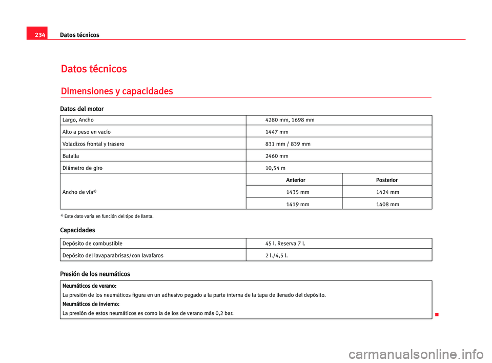 Seat Cordoba 2005 Manual del propietario (in Spanish) 234Datos técnicos
D
Da
at
to
os
s tté
éc
cn
ni
ic
co
os
s
D
Di
im
me
en
ns
si
io
on
ne
es
s yy cca
ap
pa
ac
ci
id
da
ad
de
es
s
Largo, Ancho 4280 mm, 1698 mm
Alto a peso en vacío 1447 mm
Voladizos Seat Cordoba 2005 Manual del propietario (in Spanish) 234Datos técnicos
D
Da
at
to
os
s tté
éc
cn
ni
ic
co
os
s
D
Di
im
me
en
ns
si
io
on
ne
es
s yy cca
ap
pa
ac
ci
id
da
ad
de
es
s
Largo, Ancho 4280 mm, 1698 mm
Alto a peso en vacío 1447 mm
Voladizos