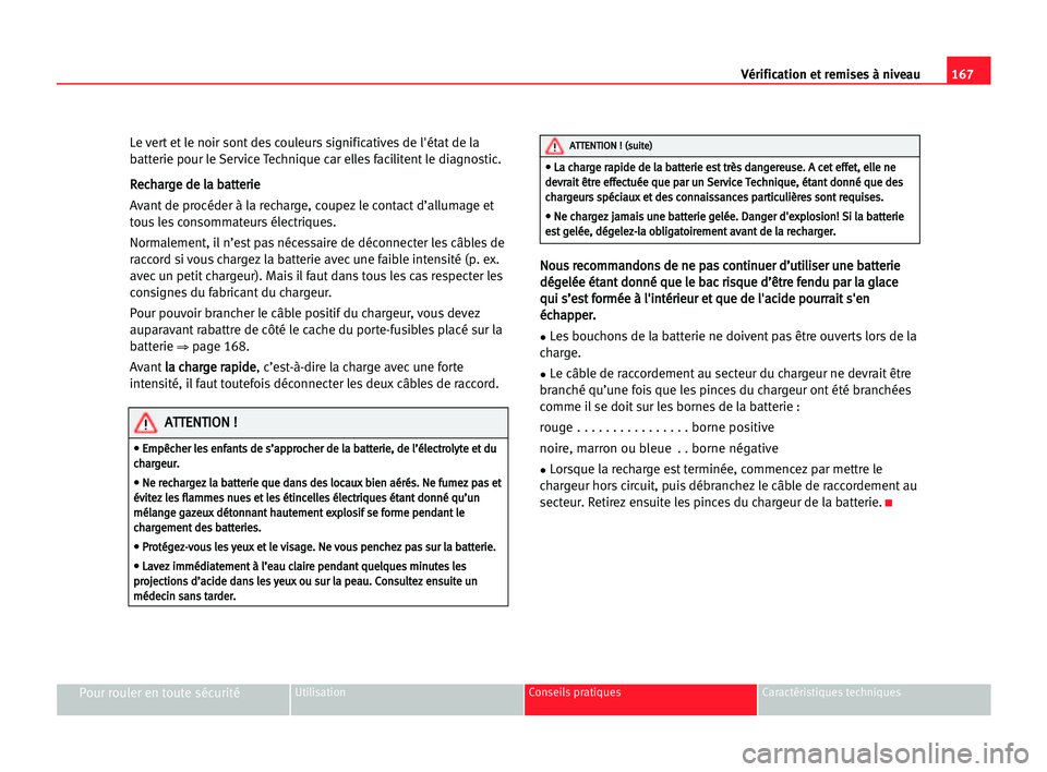 Seat Cordoba 2005 Manuel du propriétaire (in French) 167 Vérification et remises à niveau
Pour rouler en toute sécuritéUtilisation Conseils pratiques Caractéristiques techniques
Le vert et le noir sont des couleurs significatives de l'état de Seat Cordoba 2005 Manuel du propriétaire (in French) 167 Vérification et remises à niveau
Pour rouler en toute sécuritéUtilisation Conseils pratiques Caractéristiques techniques
Le vert et le noir sont des couleurs significatives de l'état de