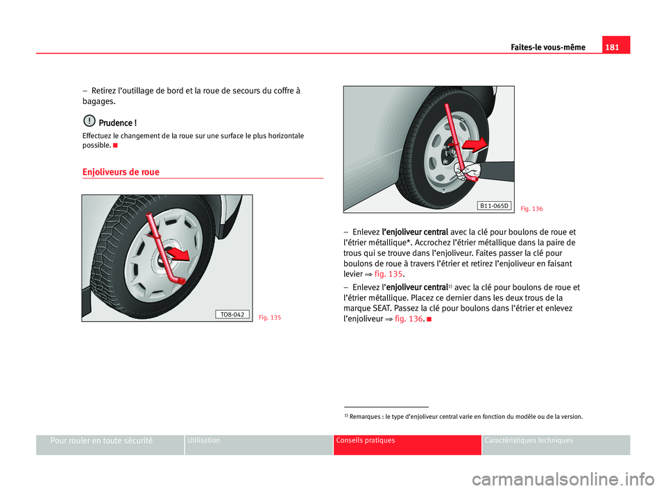 Seat Cordoba 2005 Manuel du propriétaire (in French) 181 Faites-le vous-même
Pour rouler en toute sécuritéUtilisation Conseils pratiques Caractéristiques techniques
– Retirez l’outillage de bord et la roue de secours du coffre à
bagages.
P Pr
Seat Cordoba 2005 Manuel du propriétaire (in French) 181 Faites-le vous-même
Pour rouler en toute sécuritéUtilisation Conseils pratiques Caractéristiques techniques
– Retirez l’outillage de bord et la roue de secours du coffre à
bagages.
P Pr