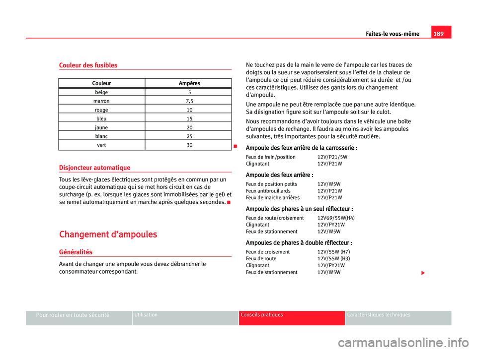 Seat Cordoba 2005 Manuel du propriétaire (in French) 189 Faites-le vous-même
Pour rouler en toute sécuritéUtilisation Conseils pratiques Caractéristiques techniques
Couleur des fusibles
Disjoncteur automatique
Tous les lève-glaces électriques sont Seat Cordoba 2005 Manuel du propriétaire (in French) 189 Faites-le vous-même
Pour rouler en toute sécuritéUtilisation Conseils pratiques Caractéristiques techniques
Couleur des fusibles
Disjoncteur automatique
Tous les lève-glaces électriques sont
