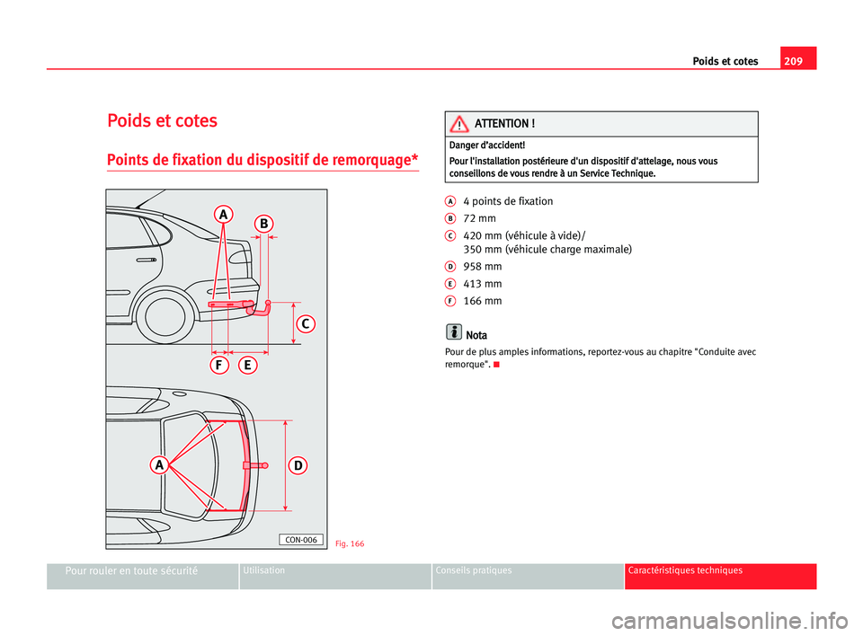 Seat Cordoba 2005 Manuel du propriétaire (in French) 209 Poidsetcotes
Pour rouler en toute sécuritéUtilisation Conseils pratiques Caractéristiques techniques
P
Po
oi
id
ds
s eet
t cco
ot
te
es
s
Points de fixation du dispositif de remorquage*
A4 poin Seat Cordoba 2005 Manuel du propriétaire (in French) 209 Poidsetcotes
Pour rouler en toute sécuritéUtilisation Conseils pratiques Caractéristiques techniques
P
Po
oi
id
ds
s eet
t cco
ot
te
es
s
Points de fixation du dispositif de remorquage*
A4 poin