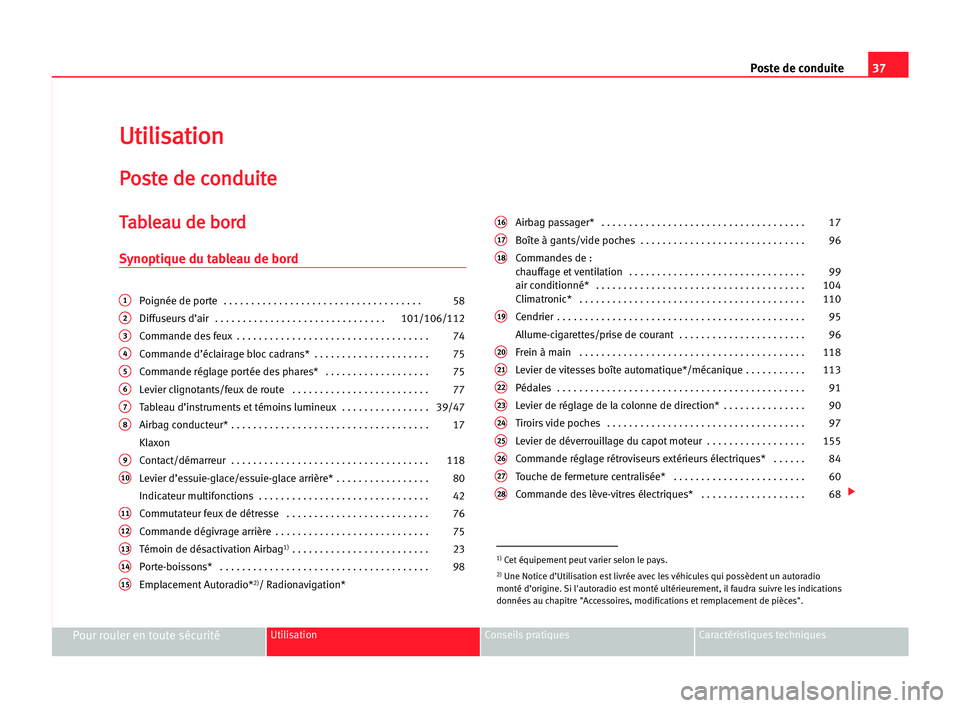 Seat Cordoba 2005 Manuel du propriétaire (in French) 37 Poste de conduite
Pour rouler en toute sécuritéUtilisation Conseils pratiques Caractéristiques techniques
U
Ut
ti
il
li
is
sa
at
ti
io
on
n
P
Po
os
st
te
e dde
e cco
on
nd
du
ui
it
te
e
T
Ta
ab
Seat Cordoba 2005 Manuel du propriétaire (in French) 37 Poste de conduite
Pour rouler en toute sécuritéUtilisation Conseils pratiques Caractéristiques techniques
U
Ut
ti
il
li
is
sa
at
ti
io
on
n
P
Po
os
st
te
e dde
e cco
on
nd
du
ui
it
te
e
T
Ta
ab