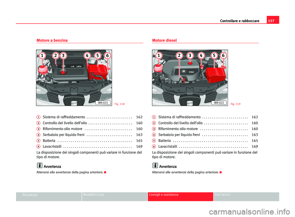 Seat Cordoba 2005 Manuale del proprietario (in Italian) Controllare e rabboccare157
SicurezzaModalità d'uso Consigli e assistenza Dati tecnici
Motore a benzina
1Sistema di raffreddamento . . . . . . . . . . . . . . . . . . . . . . . . 162
2Controllo Seat Cordoba 2005 Manuale del proprietario (in Italian) Controllare e rabboccare157
SicurezzaModalità d'uso Consigli e assistenza Dati tecnici
Motore a benzina
1Sistema di raffreddamento . . . . . . . . . . . . . . . . . . . . . . . . 162
2Controllo