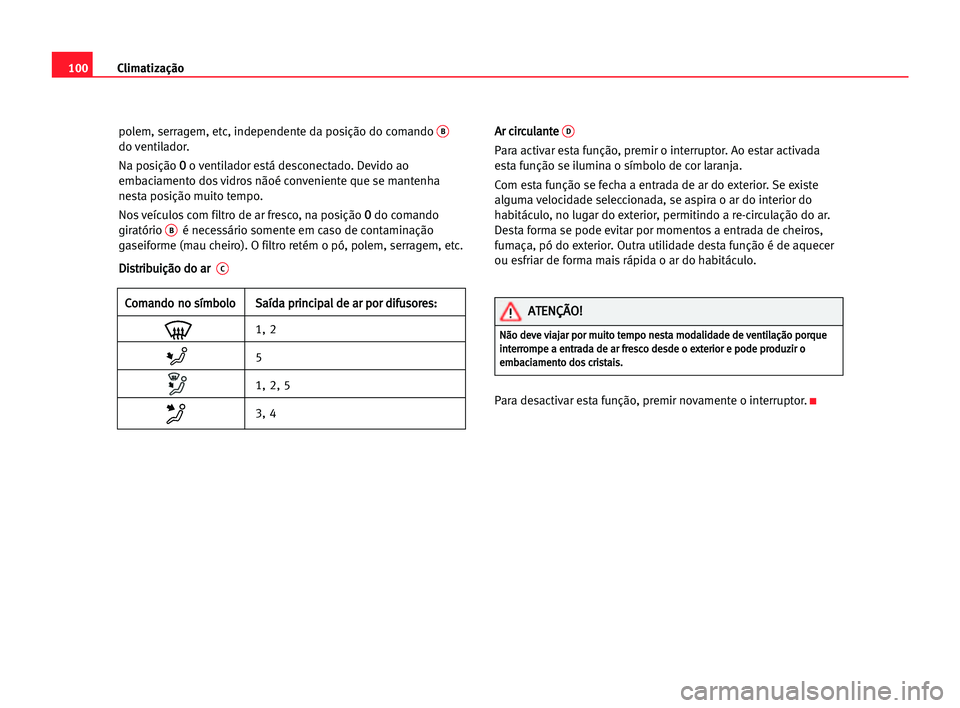 Seat Cordoba 2005 Manual do proprietário (in Portuguese) Climatização100
polem, serragem, etc, independente da posição do comando B
do ventilador.
Na posição 0o ventilador está desconectado. Devido ao
embaciamento dos vidros nãoé conveniente que se Seat Cordoba 2005 Manual do proprietário (in Portuguese) Climatização100
polem, serragem, etc, independente da posição do comando B
do ventilador.
Na posição 0o ventilador está desconectado. Devido ao
embaciamento dos vidros nãoé conveniente que se