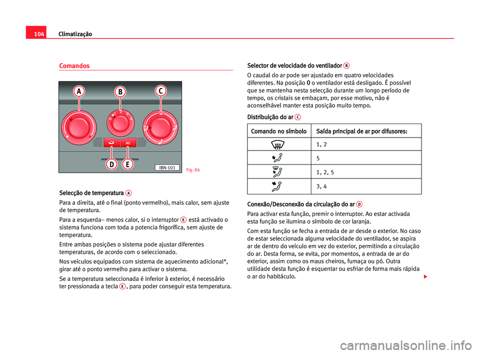 Seat Cordoba 2005 Manual do proprietário (in Portuguese) Climatização104
Comandos
S Se
el
le
ec
cç
çã
ão
o dde
e tte
em
mp
pe
er
ra
at
tu
ur
ra
a A
Para a direita, até o final (ponto vermelho), mais calor, sem ajuste
de temperatura.
Para a esquerda†Seat Cordoba 2005 Manual do proprietário (in Portuguese) Climatização104
Comandos
S Se
el
le
ec
cç
çã
ão
o dde
e tte
em
mp
pe
er
ra
at
tu
ur
ra
a A
Para a direita, até o final (ponto vermelho), mais calor, sem ajuste
de temperatura.
Para a esquerdaâ€