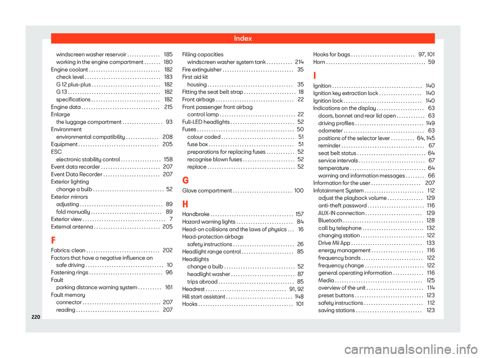 Seat Mii electric 2019  Owners Manual Index
windscreen washer reservoir . . . . . . . . . . . . . . 185
w orking in the engine compartment . . . . . . .
180
Engine coolant . . . . . . . . . . . . . . . . . . . . . . . . . . . . . . 182 ch