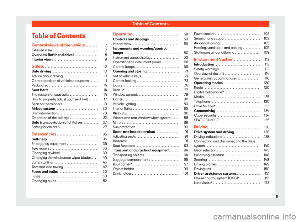 Seat Mii electric 2019  Owners Manual Table of Contents
Table of Contents Gener al vie
ws of the vehicle . . . . . . . . 7
Exterior view . . . . . . . . . . . . . . . . . . . . . . . . . . . . . . . 7
Overview (left hand drive) . . . . . 