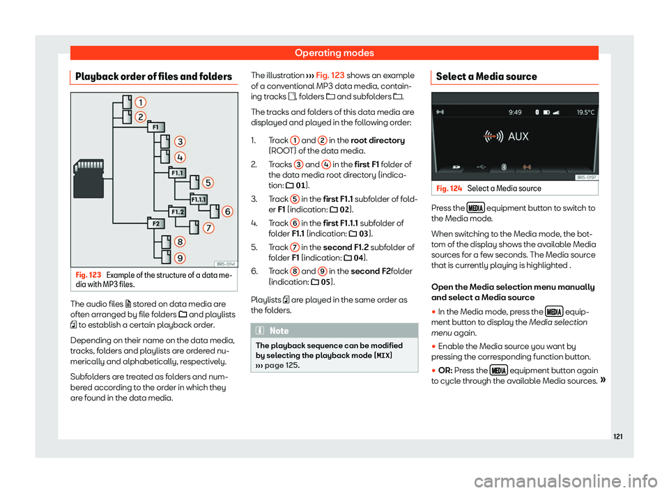 Seat Mii electric 2020  Owners manual Operating modes
Playback order of files and folders Fig. 123 
Example of the structure of a data me-
dia with MP3 fil es.The audio files 
�