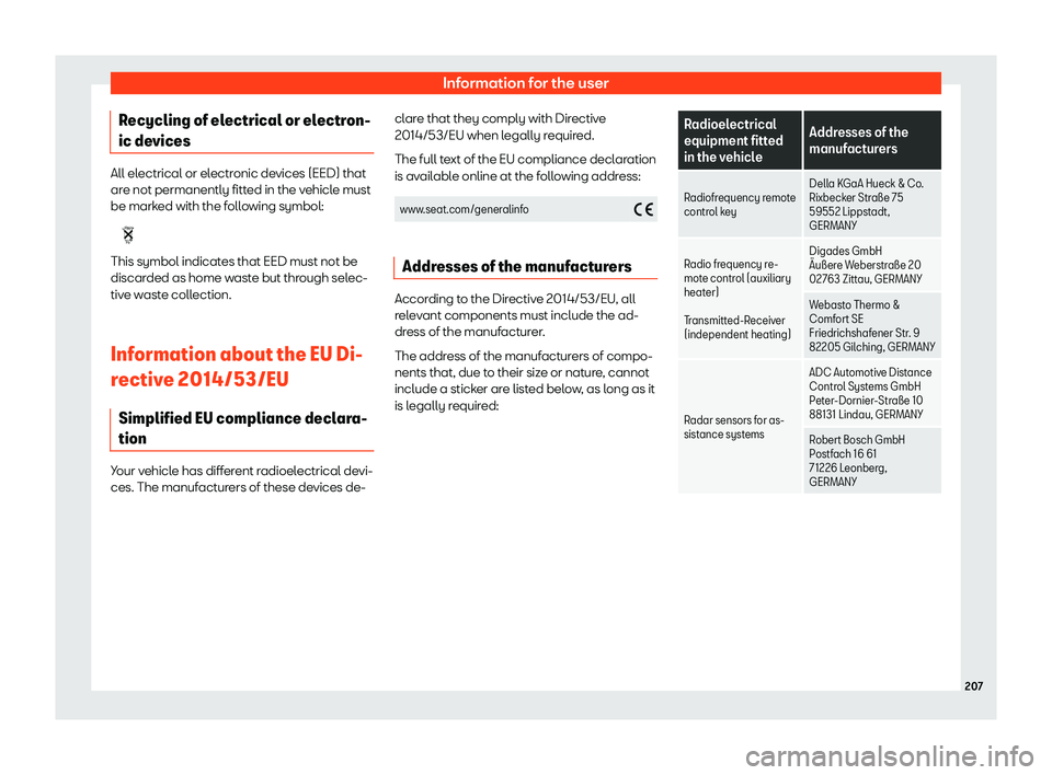 Seat Mii electric 2020  Owners manual Information for the user
Recycling of electrical or electron-
ic de vices All electrical or electronic devices (EED) that
are not permanently fitt
ed in the v
ehicle must
be marked with the following 