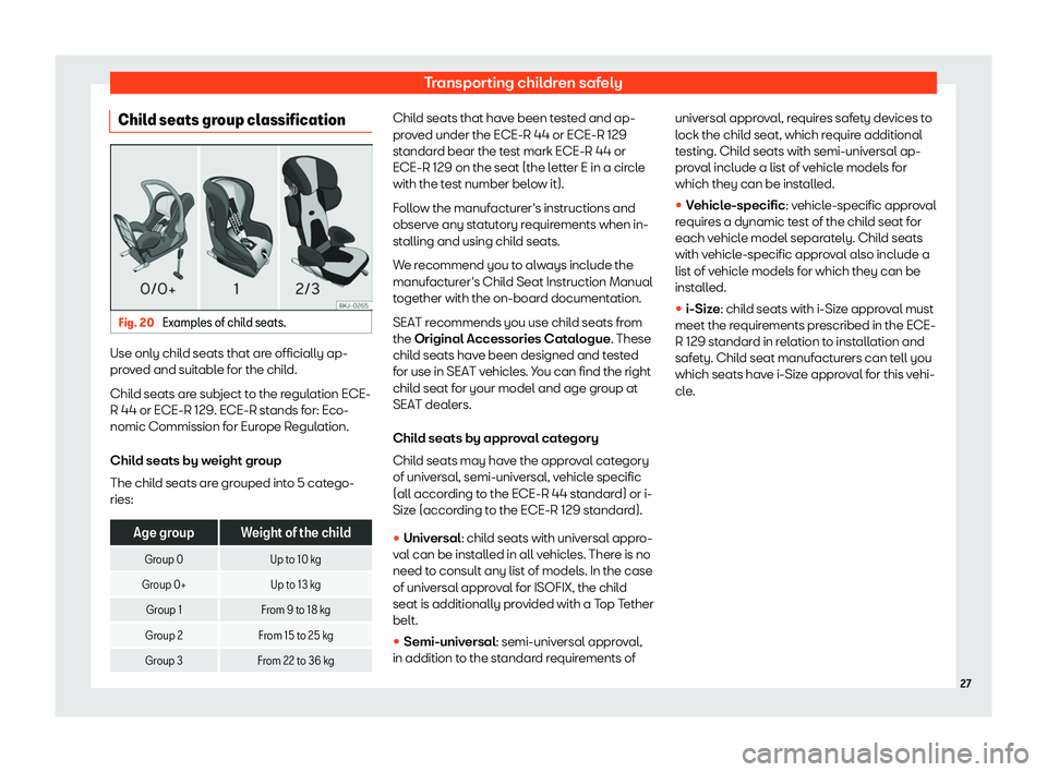Seat Mii electric 2020 Owners Guide Transporting children safely
Child seats group classification Fig. 20 
Examples of child seats. Use only child seats that are officially ap-
pr
o
v
ed and suitable for the child.
Child seats are subje