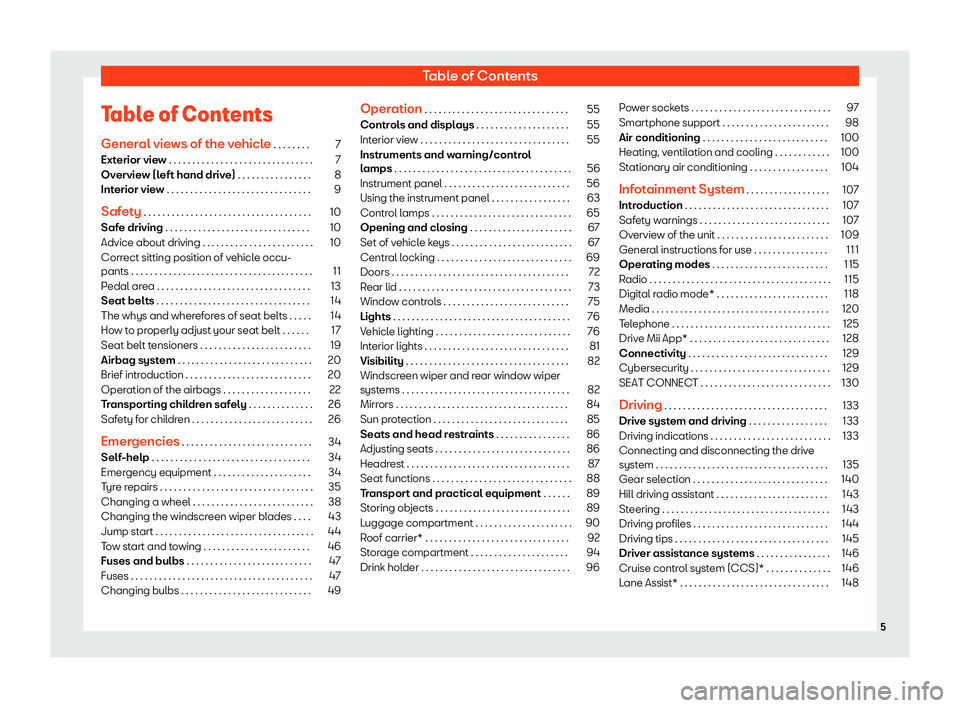 Seat Mii electric 2020  Owners manual Table of Contents
Table of Contents Gener al vie
ws of the v
ehicle . . . . . . . . 7
Exterior view . . . . . . . . . . . . . . . . . . . . . . . . . . . . . . . 7
Overview (left hand drive) . . . . .