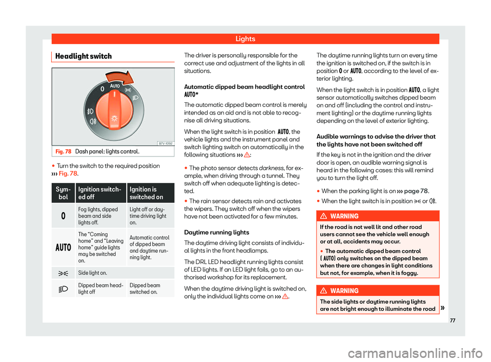 Seat Mii electric 2020 Manual PDF Lights
Headlight switch Fig. 78 
Dash panel: lights control. 
