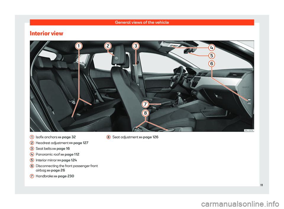 Seat Ibiza 2020  Owners manual General views of the vehicle
Interior view Isofix anchors 
››
› page 32
Headrest adjustment  ››› page 127
Seat belts  ››› page 16
Panoramic roof  ››› page 112
Interior mirror  