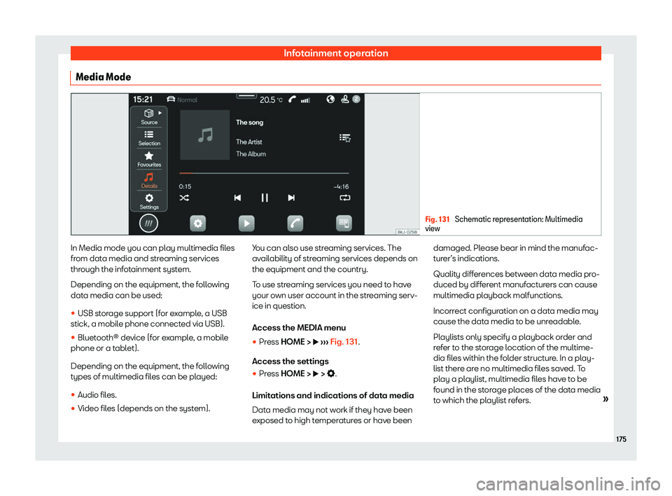 Seat Ibiza 2020  Owners manual Infotainment operation
Media Mode Fig. 131 
Schematic representation: Multimedia
vie w In Media mode you can play multimedia files
fr
om dat
a media and streaming services
through the infotainment sys