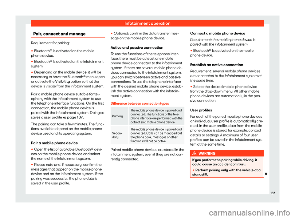 Seat Ibiza 2020  Owners manual Infotainment operation
Pair, connect and manage Requirement for pairing:
