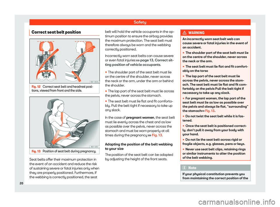 Seat Ibiza 2020 Owners Guide Safety
Correct seat belt position Fig. 12 
Correct seat belt and headrest posi-
tions, vie w
ed from front and the side. Fig. 13 
Position of seat belt during pregnancy. Seat belts offer their maximum