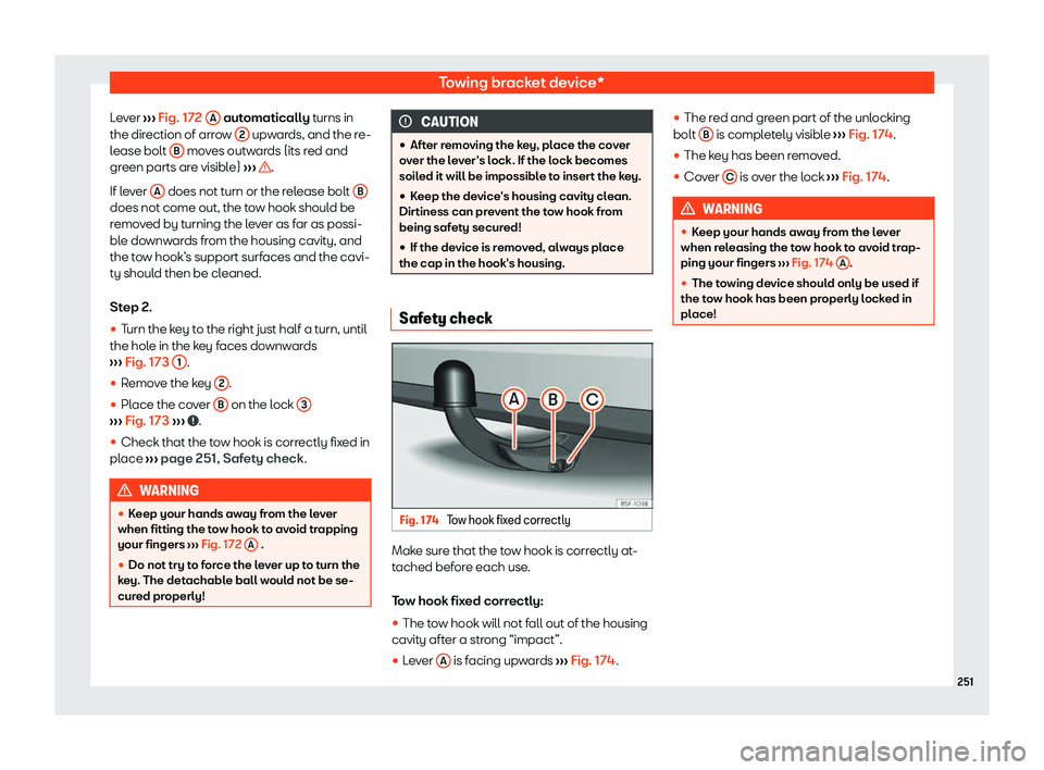 Seat Ibiza 2020  Owners manual Towing bracket device*
Lever  ››
› Fig. 172
 A  aut
omatically turns in
the dir
ection of arrow  2  upwards, and the re-
l ease bolt  B  moves outwards (its red and
gr een parts ar

e visible)  
