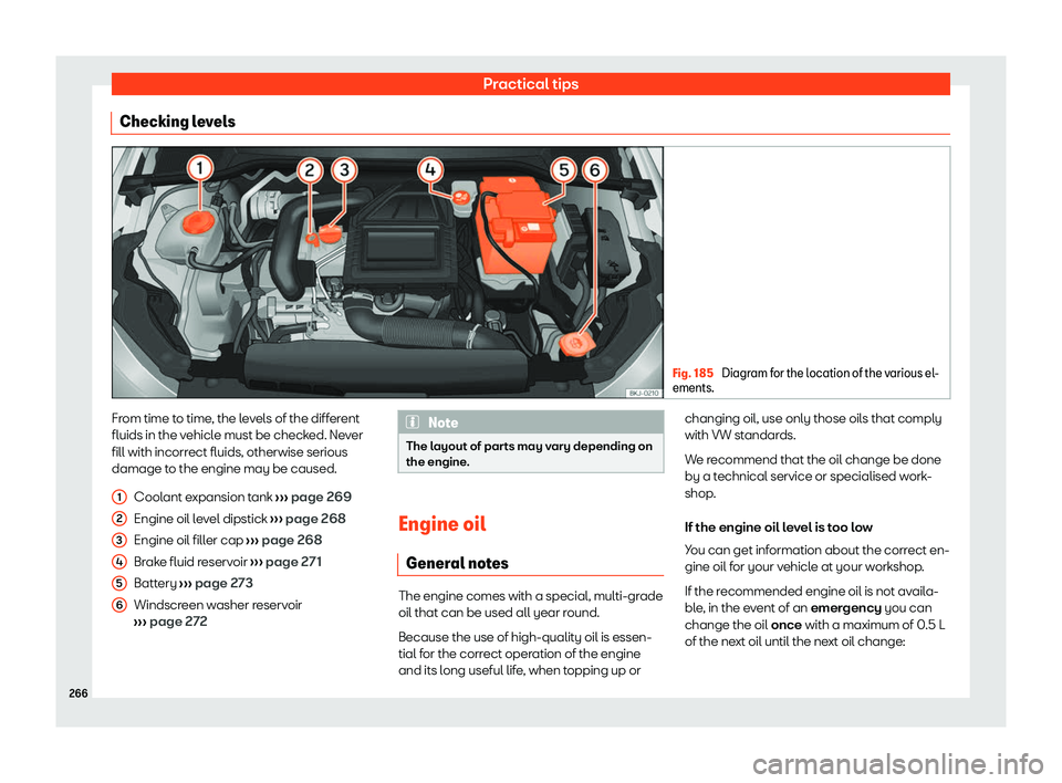 Seat Ibiza 2020  Owners manual Practical tips
Checking levels Fig. 185 
Diagram for the location of the various el-
ements. From time to time, the levels of the different
fluids in the v
ehicl
e must be checked. Never
fill with inc