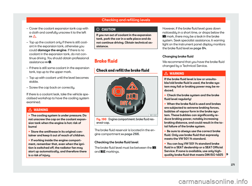 Seat Ibiza 2020  Owners manual Checking and refilling levels
�