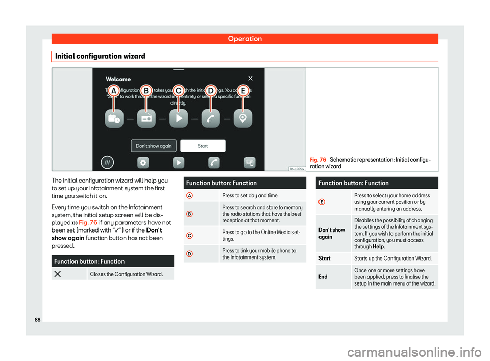 Seat Ibiza 2020  Owners manual Operation
Initial configuration wizard Fig. 76 
Schematic representation: Initial configu-
r ation wiz
ard The initial configuration wizard will help you
t
o set up your Inf

otainment system the firs