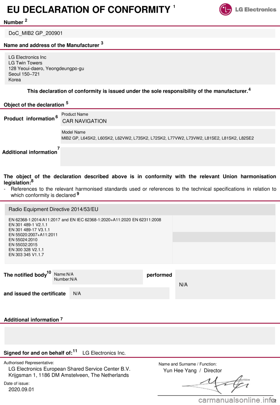 Seat Ibiza 2020  Directive 2014/53/EU Bluetooth Name and address of the Manufacturer
Name and Surname / Function:
LG Electronics  European Shared Service Center B.V.   
Krijgsman 1,  1186 DM  Amstelveen,  The Netherlands Yun  Hee Yang  /  Director 