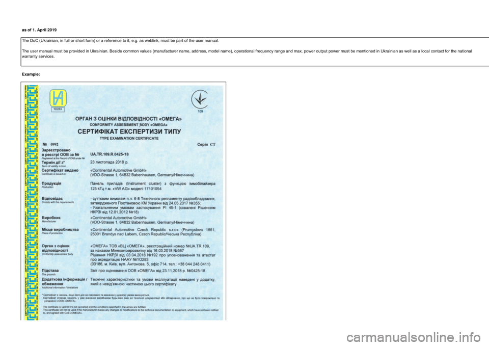 Seat Ibiza 2020  Directive 2014/53/EU All platforms as of 1. April 2019The DoC (Ukrainian, in full or short form) or a reference to it, e.g. as weblink, must be part of the user manual. The user manual must be provided in Ukrainian. Beside common value