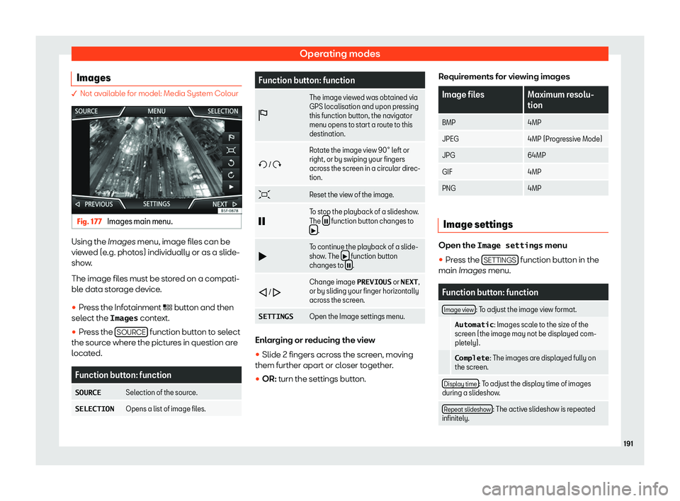 Seat Ibiza 2019  Owners manual Operating modes
Images � Not available for model: Media System Colour
Fig. 177 
Images main menu. Using the Images menu, image fil
es can be
vie wed (e
.g. phot
os) individually or as a slide-
show.
