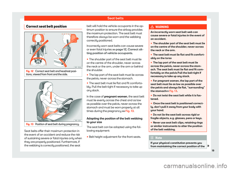 Seat Ibiza 2019  Owners manual Seat belts
Correct seat belt position Fig. 12 
Correct seat belt and headrest posi-
tions, vie wed fr
om fr ont and the side
.Fig. 13 
Position of seat belt during pregnancy. Seat belts offer their ma