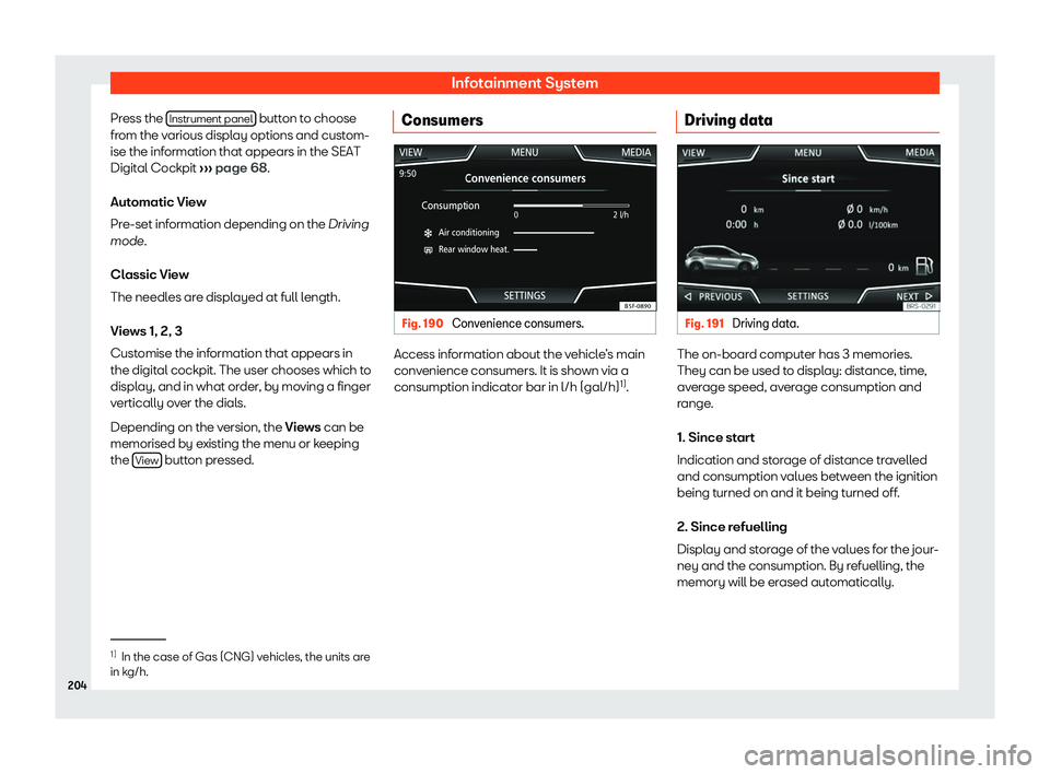 Seat Ibiza 2019  Owners manual Infotainment System
Press the  Instrument panel  button to choose
fr om the v
arious displ ay options and cust
om-
ise the inf
ormation that appears in the SEAT
Digital Cockpit  
