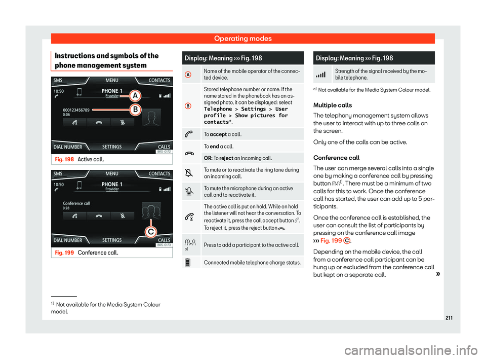 Seat Ibiza 2019  Owners manual Operating modes
Instructions and symbols of the
phone management syst emFig. 198 
Active call. Fig. 199 
Conference call. Display: Meaning 
