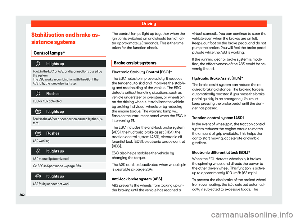 Seat Ibiza 2019  Owners manual Driving
Stabilisation and brake as-
sist ance syst
ems
Contr ol l
amps* �
It lights up
Fault in the ESC or ABS, or disconnection caused by
the system.
The ESC works in combination with the ABS. If 