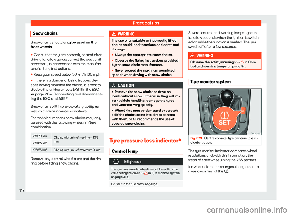 Seat Ibiza 2019  Owners manual Practical tips
Snow chains Snow chains should only be used on the
front wheels.
