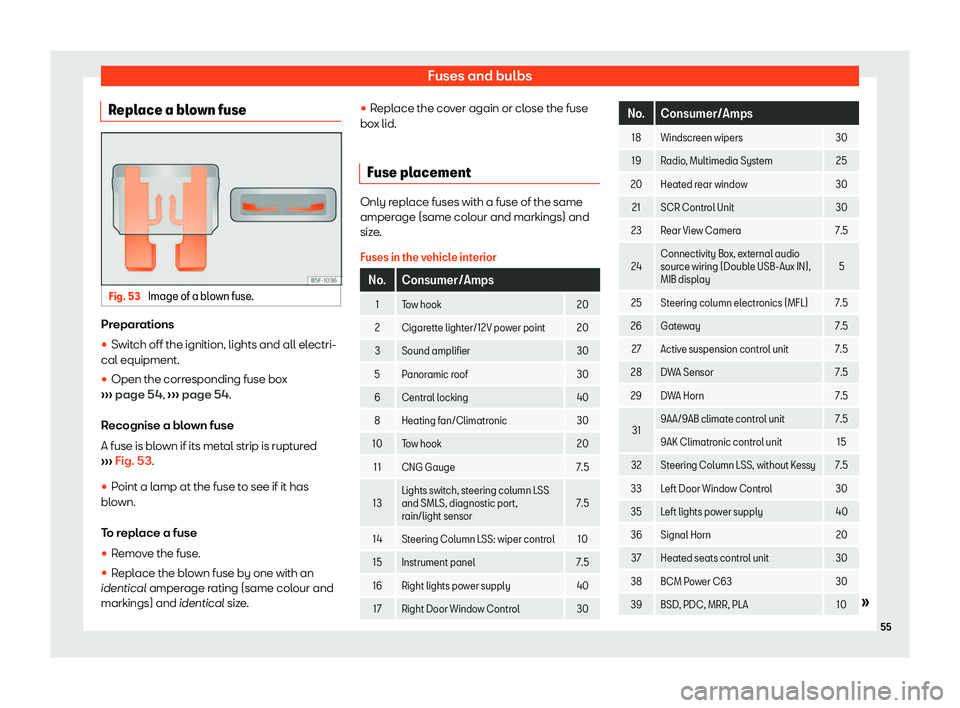 Seat Ibiza 2019  Owners manual Fuses and bulbs
Replace a blown fuse Fig. 53 
Image of a blown fuse. Preparations
