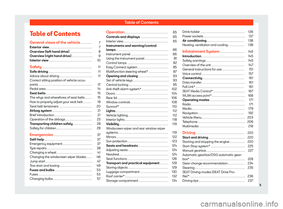 Seat Ibiza 2019 Owners manual Table of Contents
Table of Contents Gener al vie
ws of the v ehicl
e
. . . . . . . . 7
Exterior view . . . . . . . . . . . . . . . . . . . . . . . . . . . . . . . 7
Overview (left hand drive) . . . . Seat Ibiza 2019 Owners manual Table of Contents
Table of Contents Gener al vie
ws of the v ehicl
e
. . . . . . . . 7
Exterior view . . . . . . . . . . . . . . . . . . . . . . . . . . . . . . . 7
Overview (left hand drive) . . . .