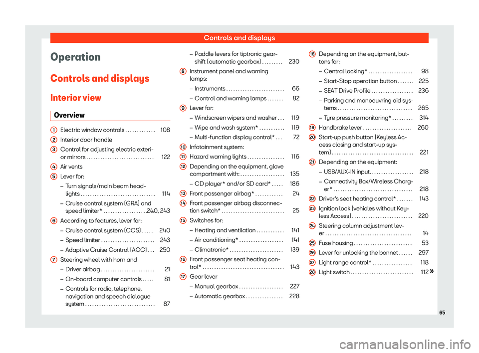 Seat Ibiza 2019  Owners manual Controls and displays
Operation
Contr ol
s and displ ays
Int erior vie
w
Overview Electric window controls . . . . . . . . . . . . .
108
Interior door handle
Control for adjusting electric e xt

eri-
