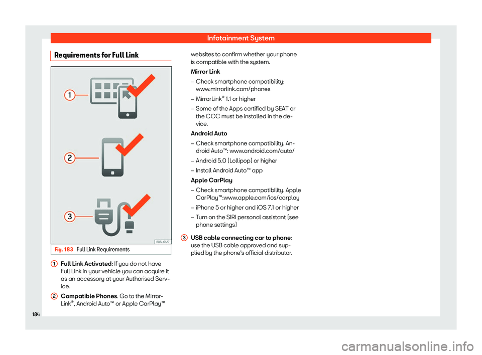 Seat Ibiza 2018  Owners manual Infotainment System
Requirements for Full Link Fig. 183 
Full Link Requirements Full Link Activated: If you do not hav
e
Full Link in your v ehicl
e you can acquire it
as an accessory at your Authoris