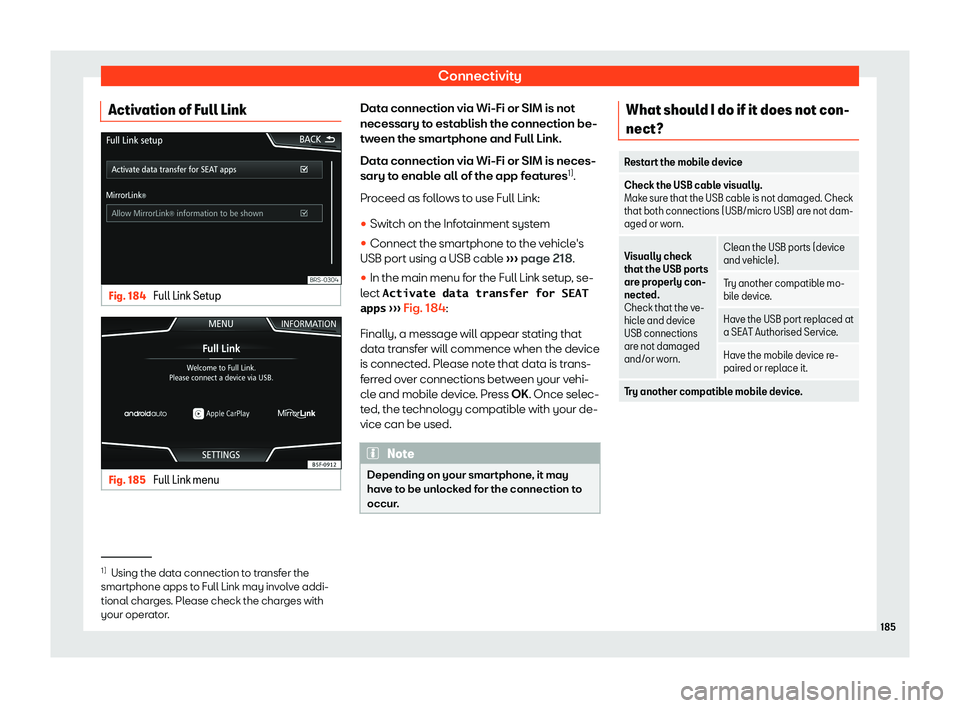 Seat Ibiza 2018  Owners manual Connectivity
Activation of Full Link Fig. 184 
Full Link Setup Fig. 185 
Full Link menu Data connection via Wi-Fi or SIM is not
necessary t
o est
ablish the connection be-
tw
een the smartphone and Fu