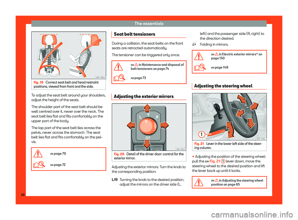 Seat Ibiza 2018  Owners manual The essentials
Fig. 19 
Correct seat belt and head restraint
positions, view ed fr
om front and the side.To adjust the seat belt around your shoulders,
adjust the height of the seats.
The shoul
der pa
